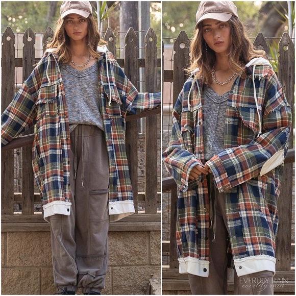POL Long Plaid Hooded Shirt Jacket - Picture 5 of 13